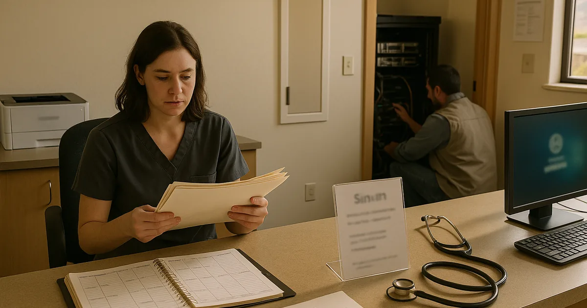 A front-desk fallback to paper while a technician stabilizes an aging on‑prem server, illustrating how legacy systems can halt patient flow.