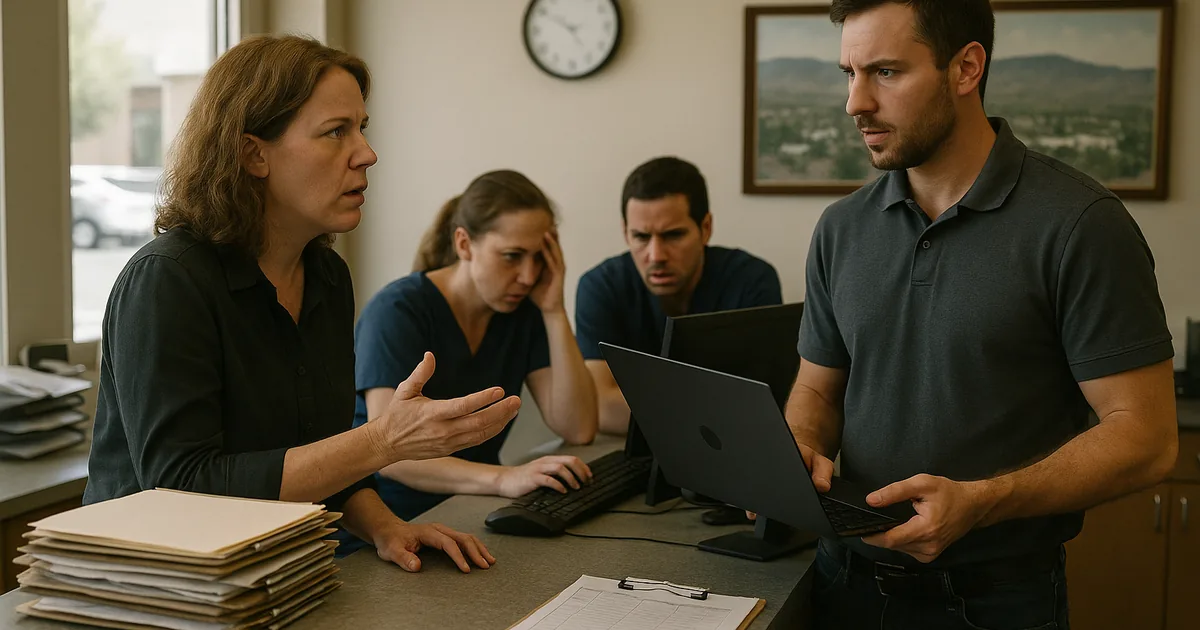 A technician arrives while front-desk staff share workstations, illustrating how everyday IT friction can escalate into a full lockout.