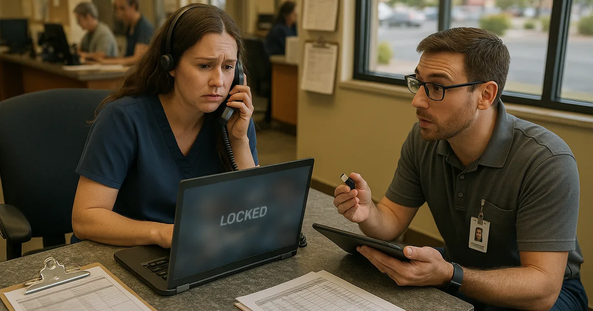 A front‑desk lockout being diagnosed with on‑site IT support to restore access and minimize appointment delays.