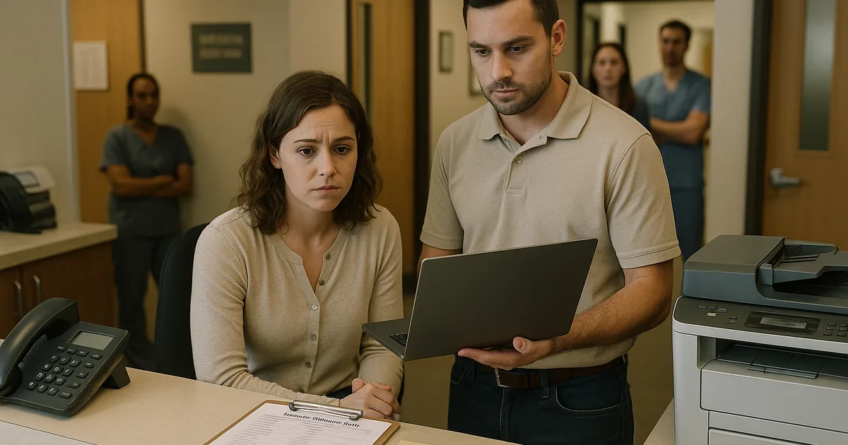 A reception-level incident review highlights why clear vendor ownership and escalation paths are needed to restore clinic operations.