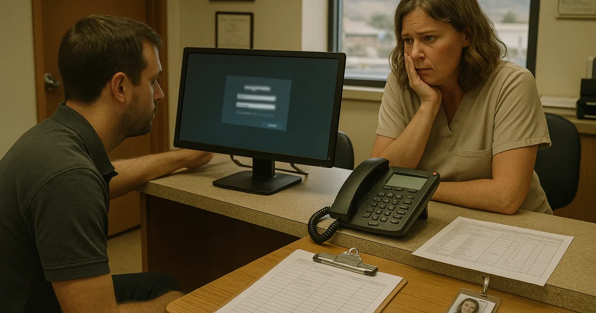 On-site troubleshooting at the reception desk shows how a simple lockout can halt scheduling and secure communications.