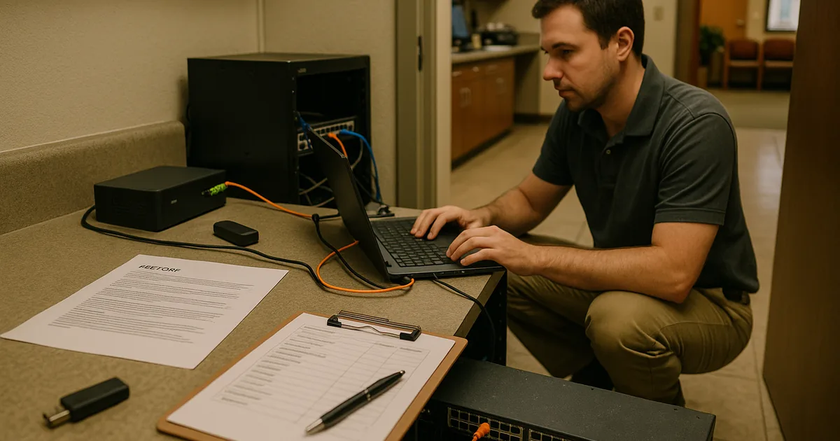 An on-site restore validation in a clinic back office shows how runbooks and hands-on testing reveal gaps before a real outage.