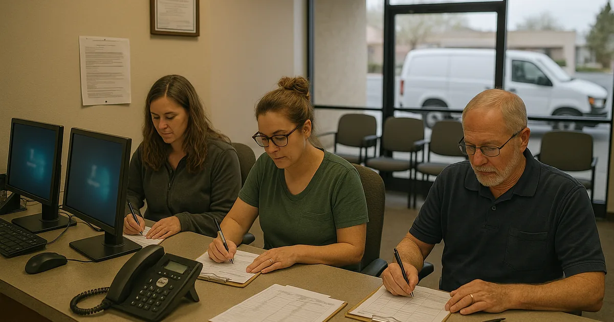 Front-desk staff resorting to paper intake while locked workstations show how deferred IT planning disrupts daily operations.