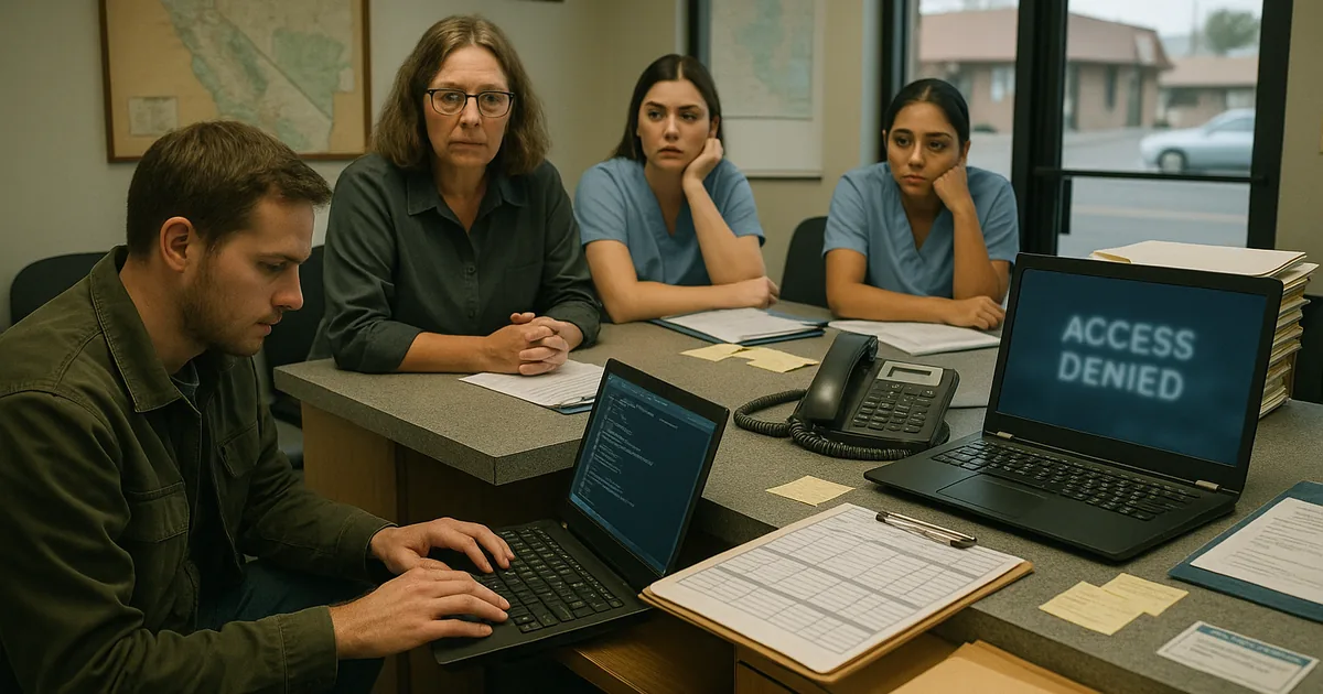 A technician reviews sign-in issues at a clinic reception desk after staff lost access, showing how lockouts disrupt scheduling and intake.