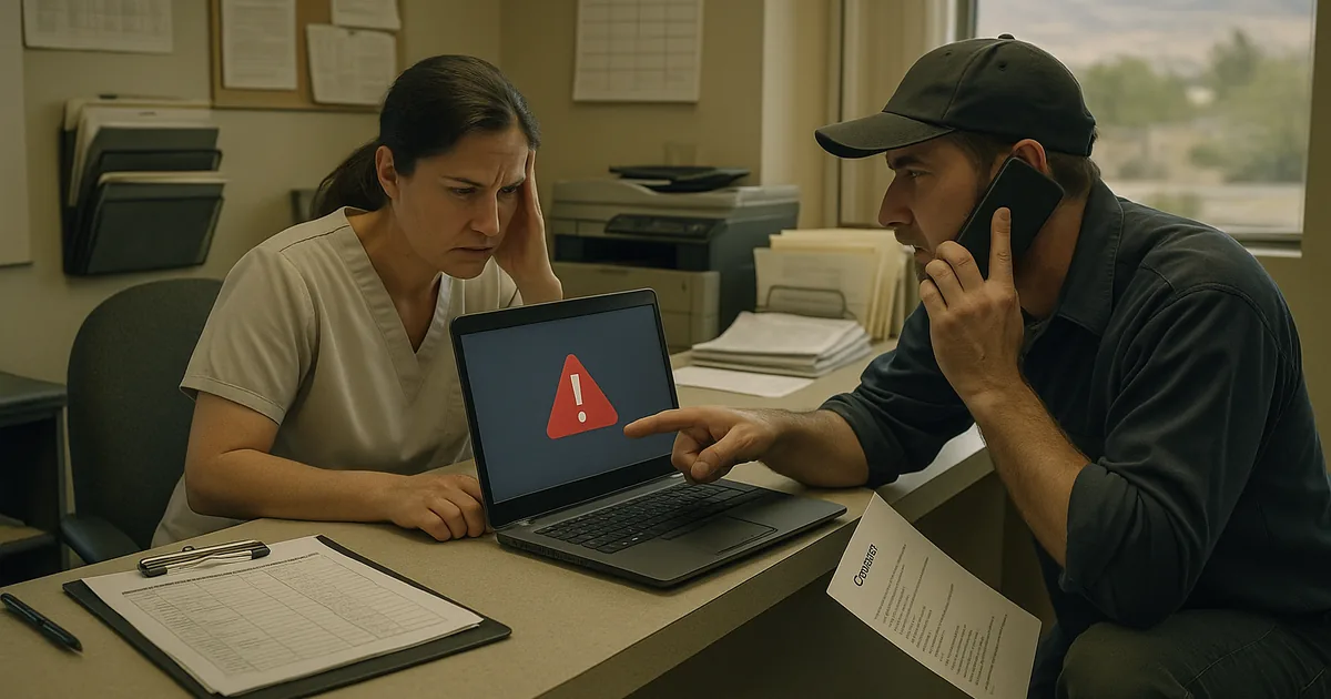 A technician and front-desk staff working together to restore access after a lockout, showing the real clinic disruption that identity failures cause.