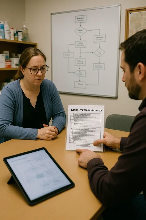 IT consultant and clinic manager reviewing a laminated lockout response runbook and a whiteboard flowchart during a recovery planning session.