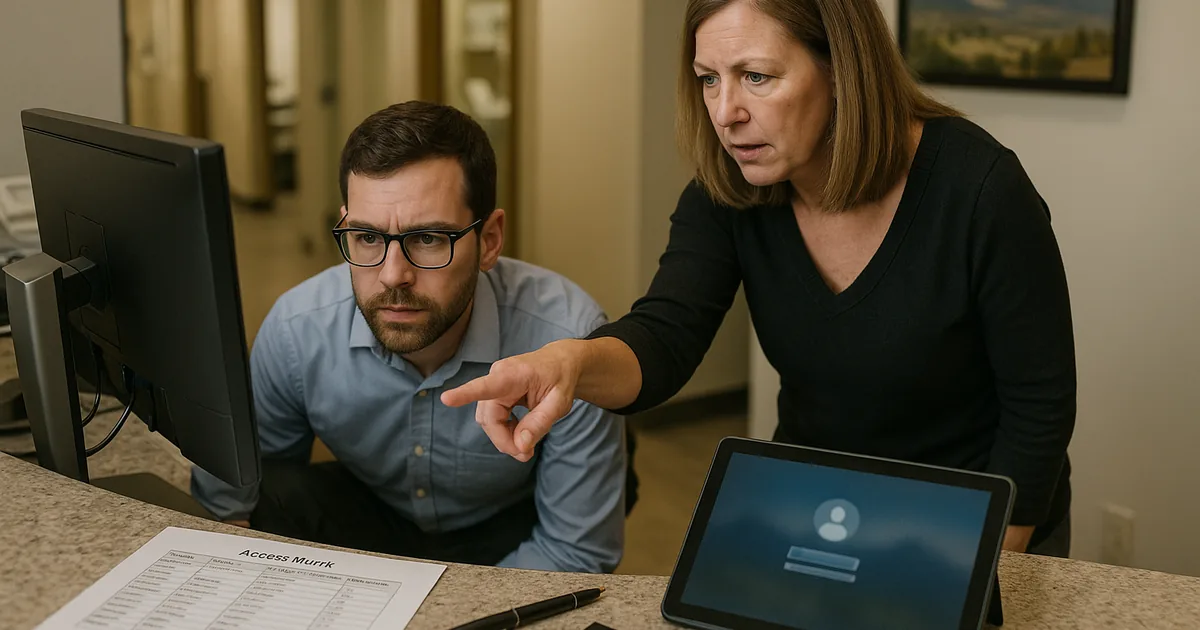 An on-site login audit at the front desk shows how access problems quickly become operational disruptions without clear documentation.
