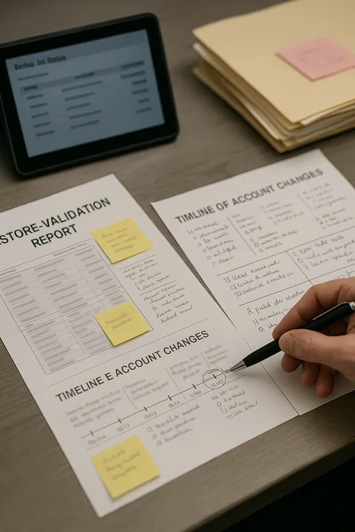 Close-up of a restore-validation report, handwritten timeline, and technician pointing with a pen, representing audit evidence used to trace a login incident.
