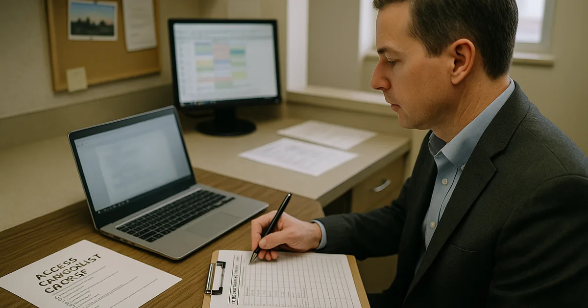 An on-site access-control review in a dental office, showing the audit and checklist work that uncovers login and backup gaps.