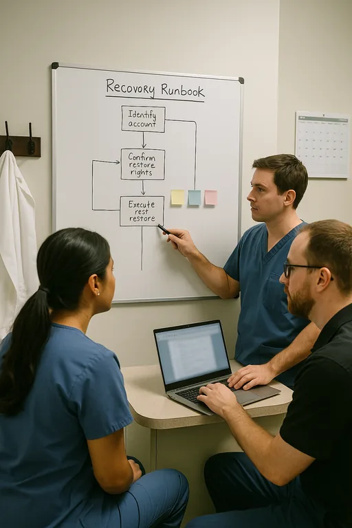 Small team in a dental office reviewing a whiteboard runbook flowchart that maps recovery steps while a technician points to the diagram.