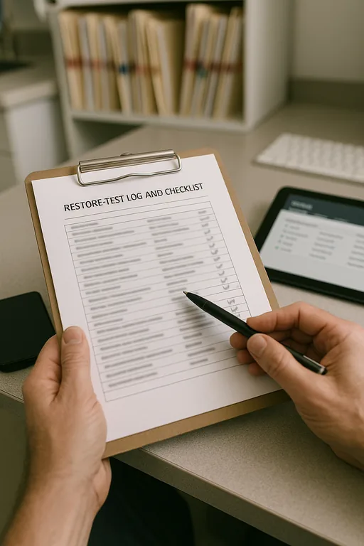 Close-up of a technician's hands holding a blurred restore-test log on a clipboard next to a backup drive and tablet, at a dental office workstation.