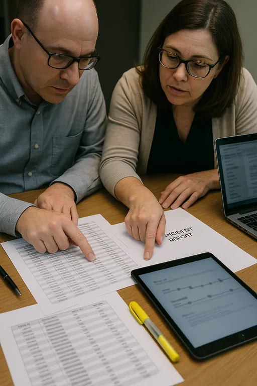 IT consultant and office manager examining printed sign-in logs and an audit timeline during an access-incident review.