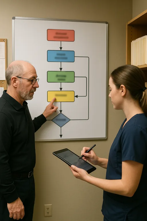 Consultant and front-desk staff reviewing a blurred flowchart-style runbook on a whiteboard to confirm lockout and restore response steps.