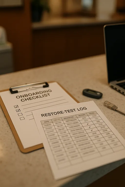 Close-up of an onboarding checklist and a printed test-restore log on a dental office desk with an MFA token nearby.