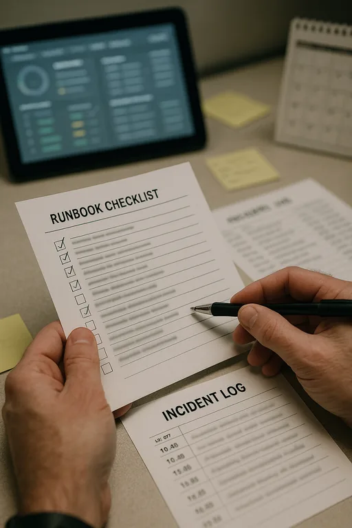 Close-up of a runbook checklist, incident log and a tablet with a blurred ticket dashboard used during a login incident review.