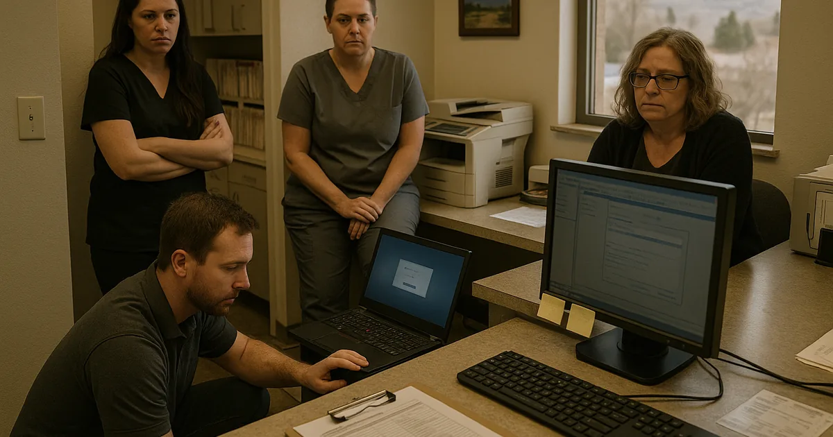 A technician diagnosing a front-desk login failure while staff wait, illustrating how access problems immediately disrupt patient intake.