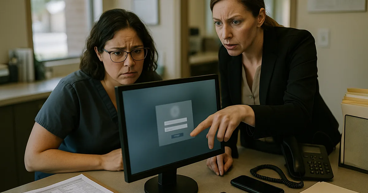 A front-desk lockout scene showing how a simple login failure can immediately disrupt patient flow and office operations.