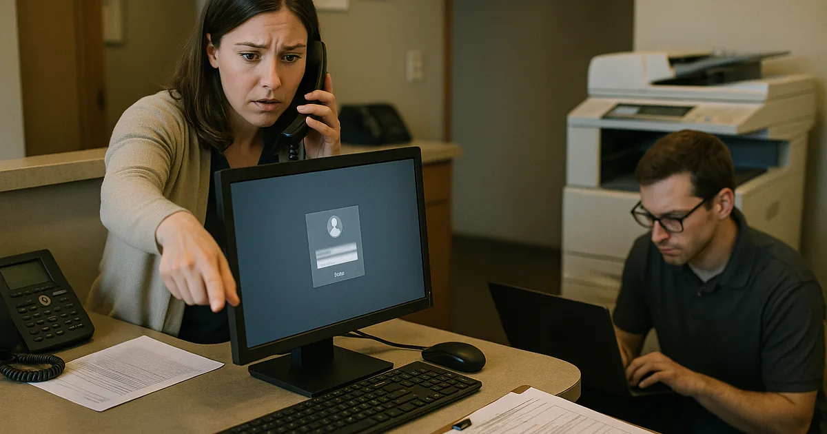 A real reception outage scene showing how a login failure can halt scheduling and force vendor coordination.