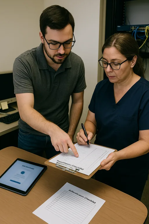 IT technician and office manager review a printed remediation checklist and tablet during identity standardization planning.