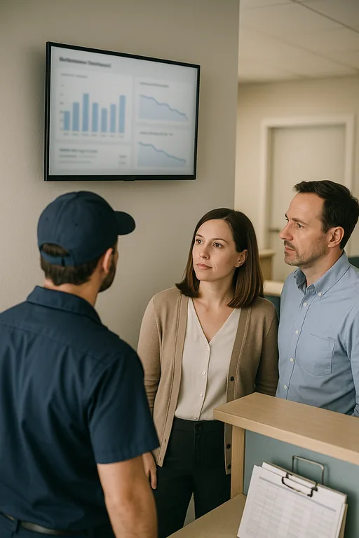 Office staff and technician reviewing an anonymized dashboard showing reduced login-related tickets after remediation.
