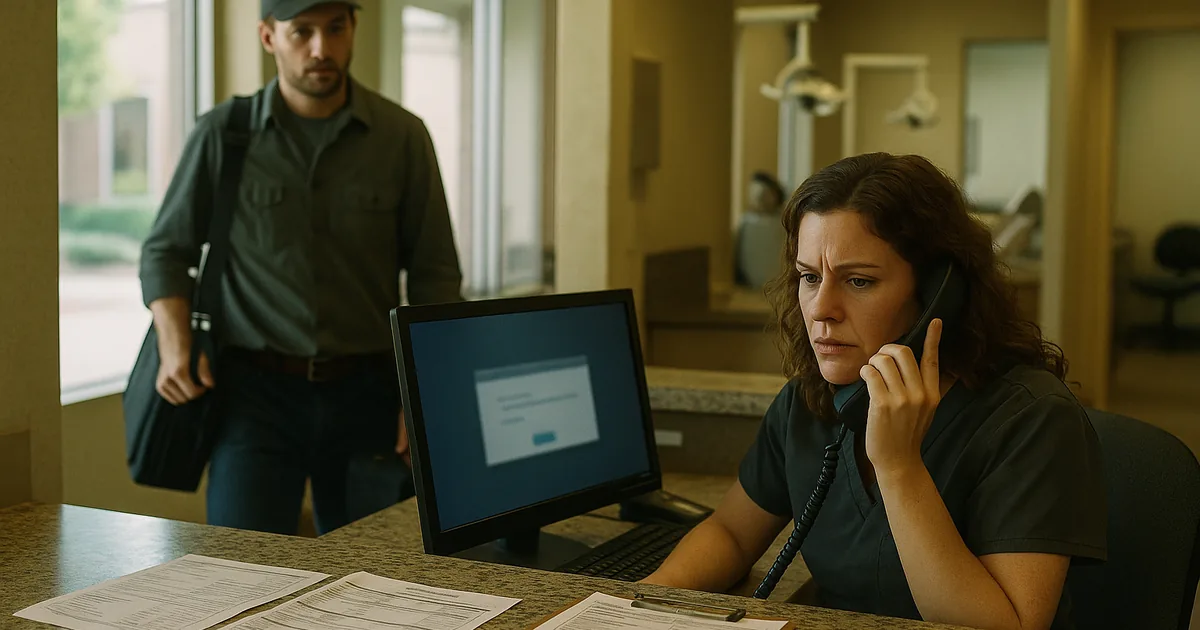 A front-desk login failure in a Reno-area dental practice interrupts patient check-in and triggers on-site IT response.