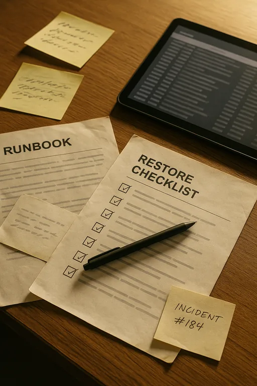 Printed runbook and restore checklist with a tablet showing blurred logs on a dental office counter.