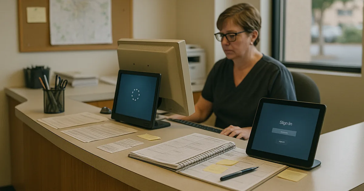 A morning login failure forced the front desk to revert to paper schedules, showing how identity gaps disrupt patient flow.