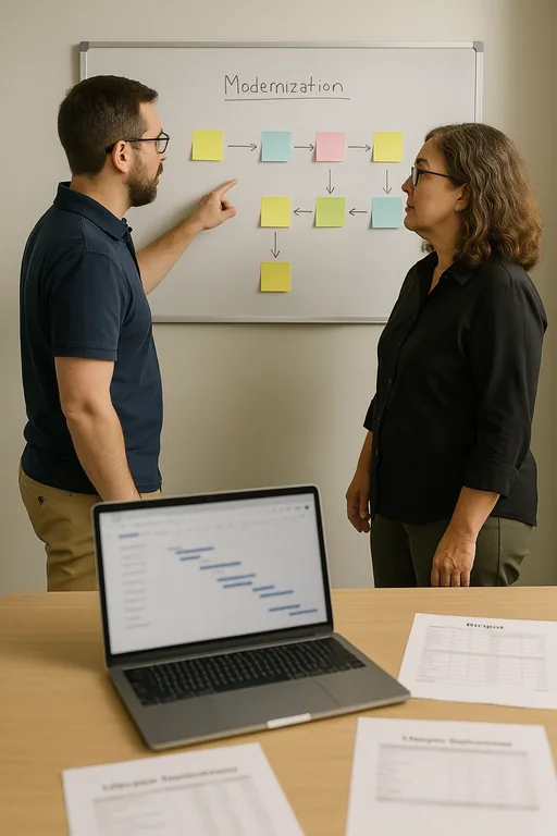 IT consultant and office manager reviewing a phased modernization roadmap on a whiteboard in a dental office, illustrating planning to eliminate legacy dependencies.