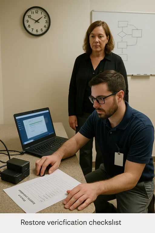 IT technician and office manager running a backup restore test with external drives and a verification checklist in a dental office.
