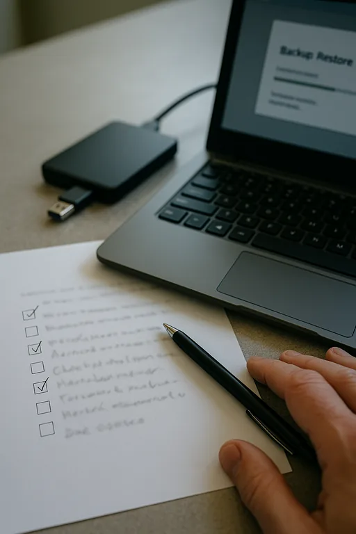 Close-up of a printed runbook and backup devices on a desk in a dental office, documenting restore and validation steps after an outage.