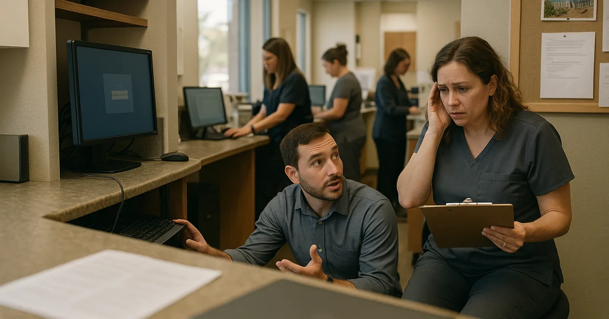 A technician onsite diagnosing login failures while the front desk uses paper check-ins shows how growth-related IT gaps interrupt daily operations.