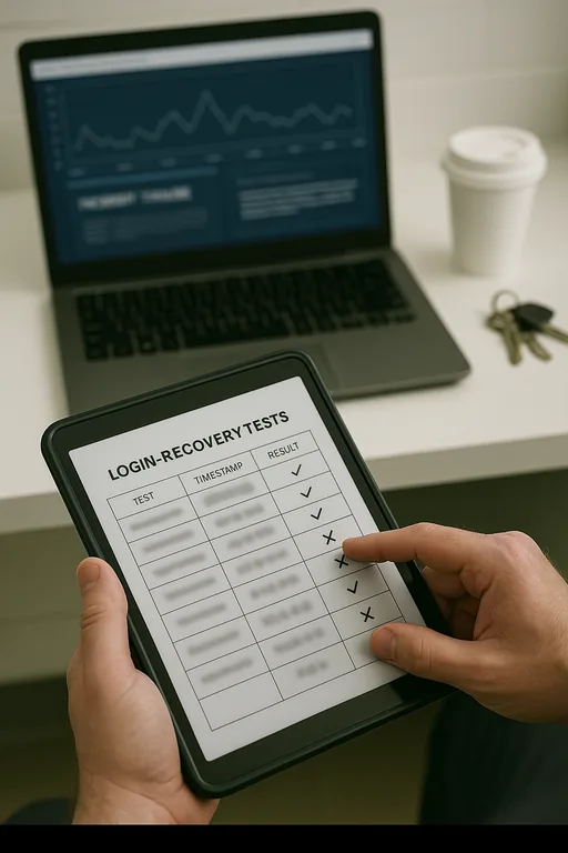 Technician reviewing a blurred checklist of login recovery tests on a clipboard with a monitoring laptop in the background, showing evidence-based validation.