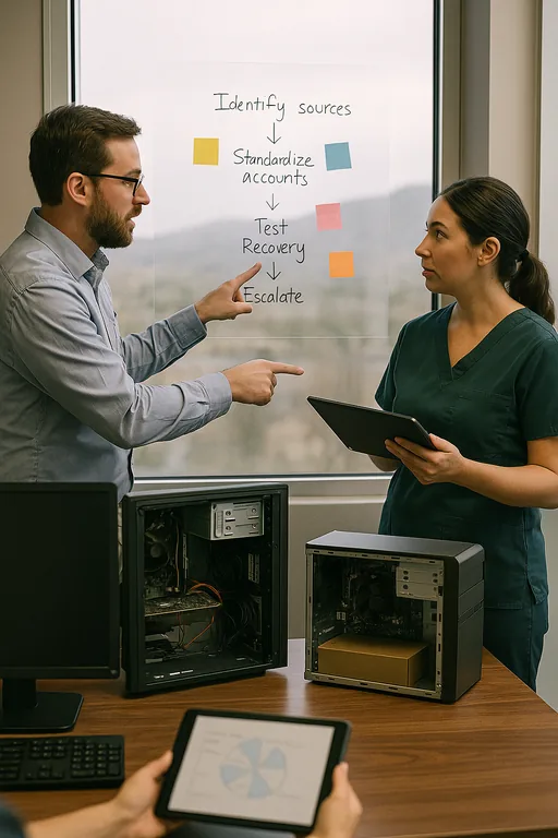 Consultant and office manager reviewing a non-legible flow of remediation steps on a whiteboard while workstations are prepared for replacement.