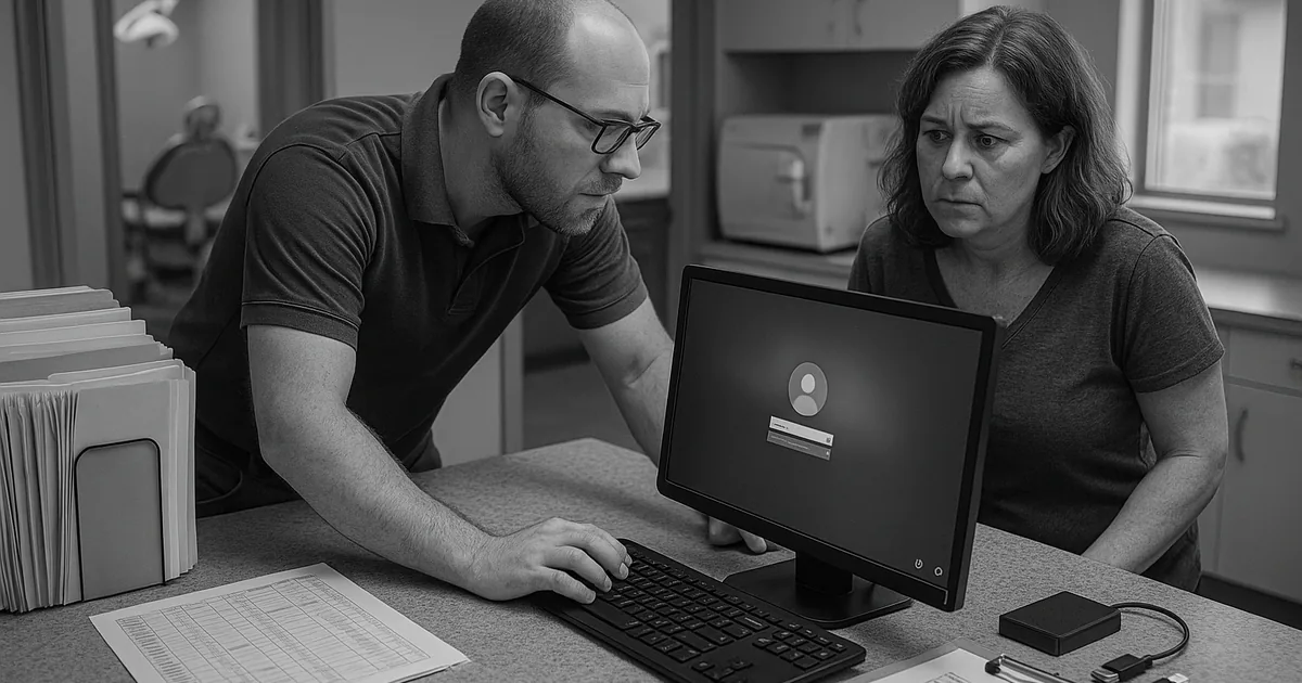 A technician diagnosing a front-desk login failure in a dental practice shows the on-site troubleshooting that prevents prolonged patient-flow disruption.