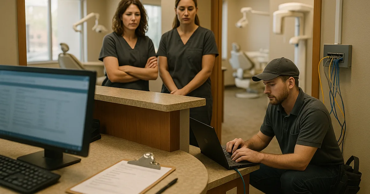 A technician diagnosing morning login delays at a dental front desk, showing the onsite remediation that uncovers capacity and network causes.