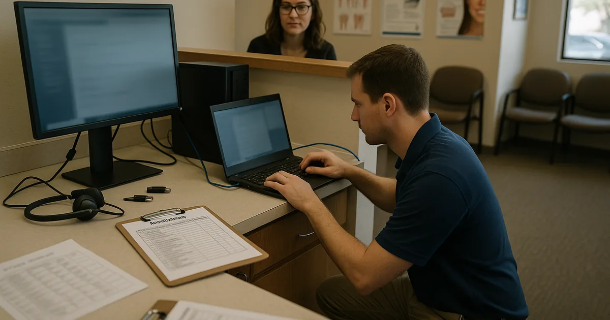An on-site technician uses a provisioning checklist to stabilize user access and prevent first-day login failures.