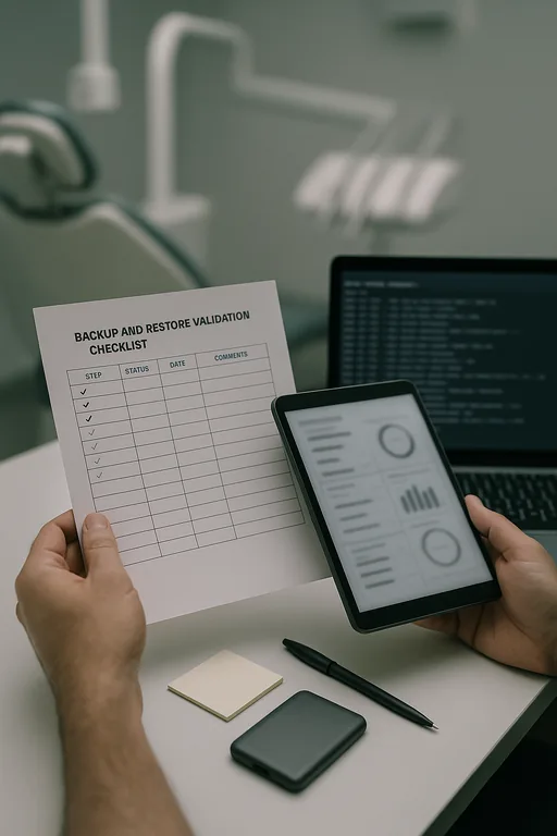 Close-up of a backup and restore validation checklist and a blurred performance dashboard used during remediation testing.