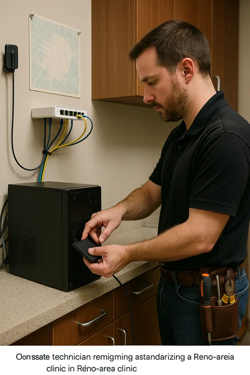Onsite technician reimaging a dental workstation and adjusting network connections in a Reno dental clinic.