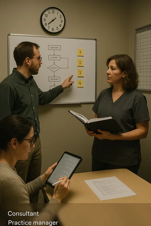 Dental staff and an IT consultant standing at a whiteboard mapping a written incident response workflow for login failures.
