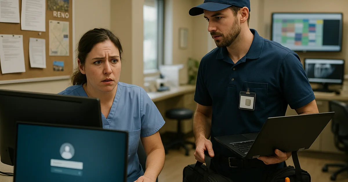 A front-desk login failure and the arriving technician capture how a single authentication problem can stall clinical scheduling and imaging workflows.