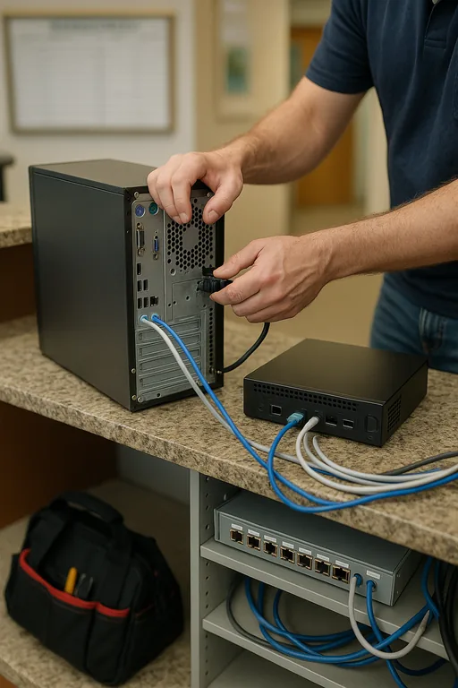 Technician replacing an old desktop at a dental office front desk with a new standardized workstation and network cables nearby.