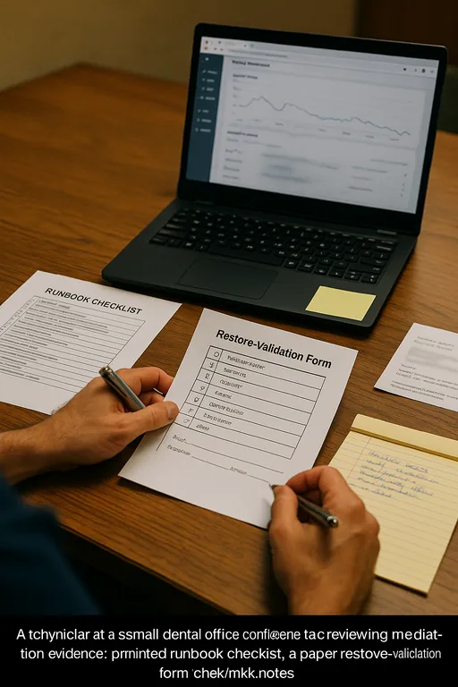 Technician reviewing printed runbook checklist and a blurred incident dashboard while taking handwritten notes during remediation planning.
