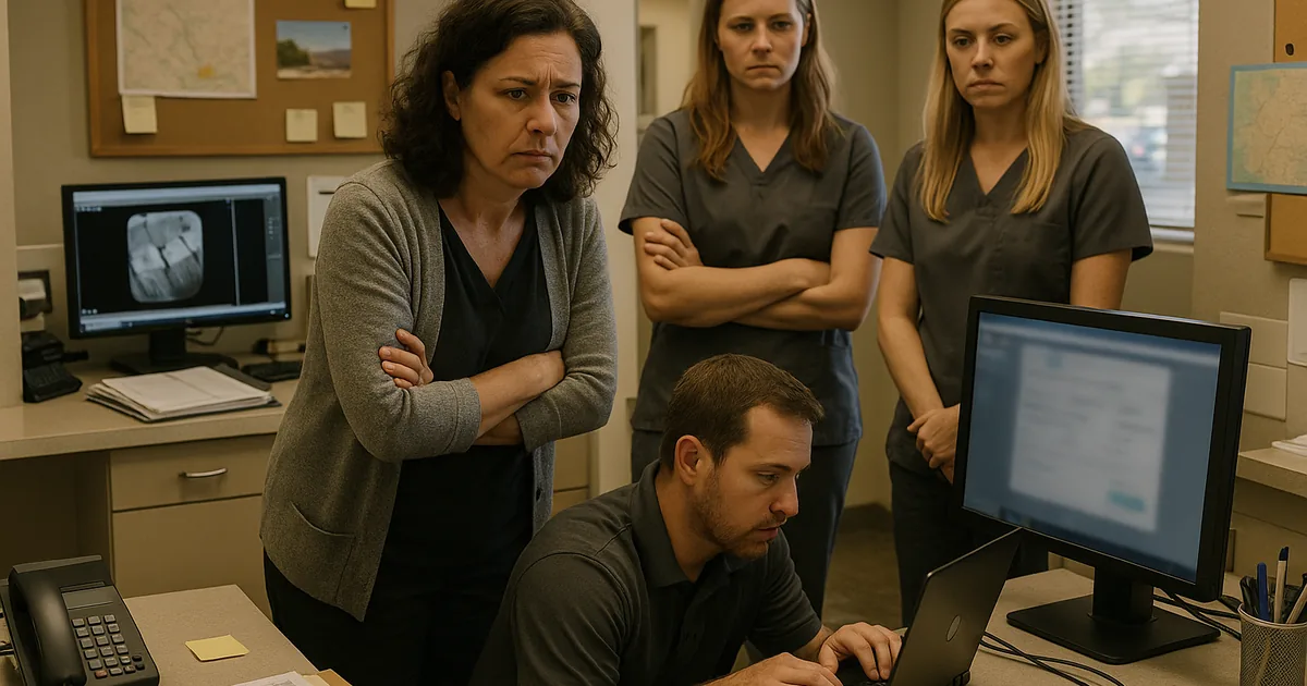 A technician works at the front desk to restore access during a real login outage, illustrating how onsite troubleshooting intersects with patient workflows.