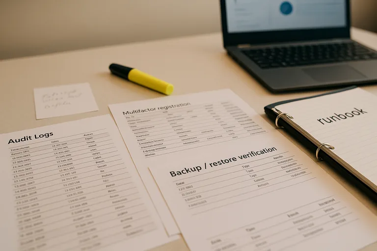 Printed audit logs, multifactor registration and restore-verification sheets laid out with a runbook binder and technician notes.