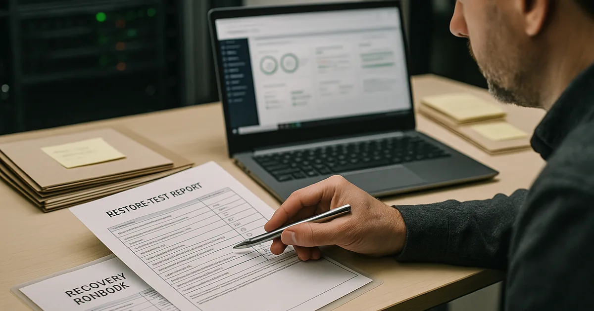 IT consultant reviewing printed restore-test reports and a recovery runbook beside a laptop with a blurred backup dashboard.