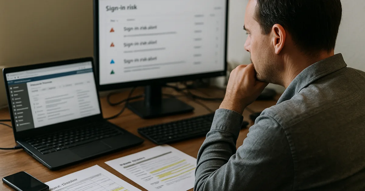 IT operations lead at a desk reviewing a printed incident timeline and blurred cloud admin screens showing sign-in risk alerts.