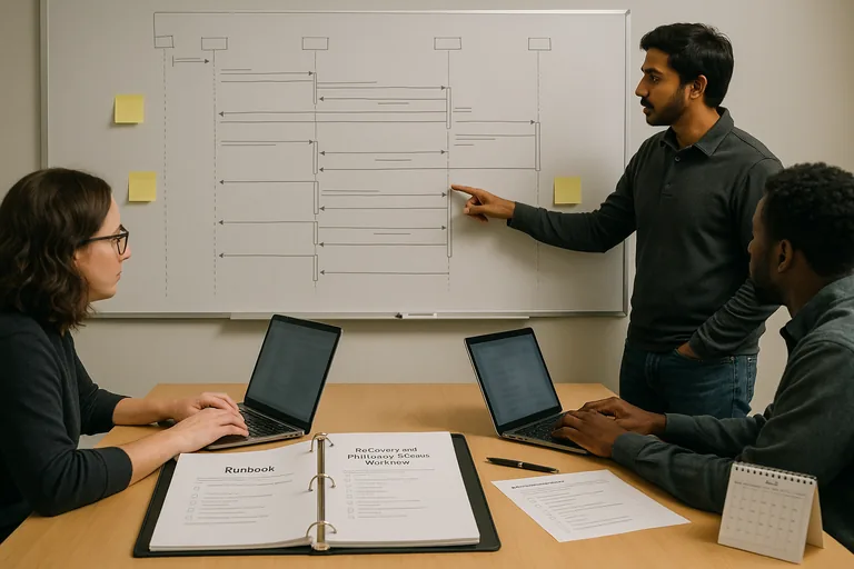 IT team meeting at a table with a whiteboard recovery workflow, runbook binder, and checked policy checklist.