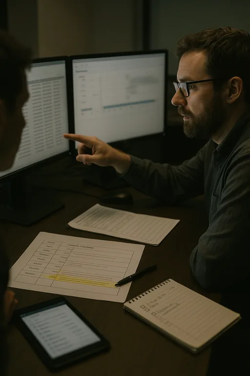 IT consultant reviewing blurred sign-in logs and a printed incident timeline while team members observe.