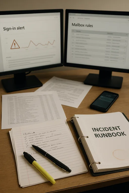 Workstation with blurred security alerts on monitors, printed audit logs, and a handwritten incident checklist used during an account compromise review.