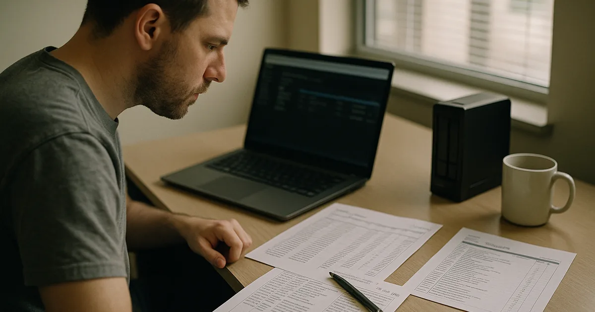 Technician reviewing printed restore-test reports and a blurred backup console on a laptop, showing operational backup verification steps.